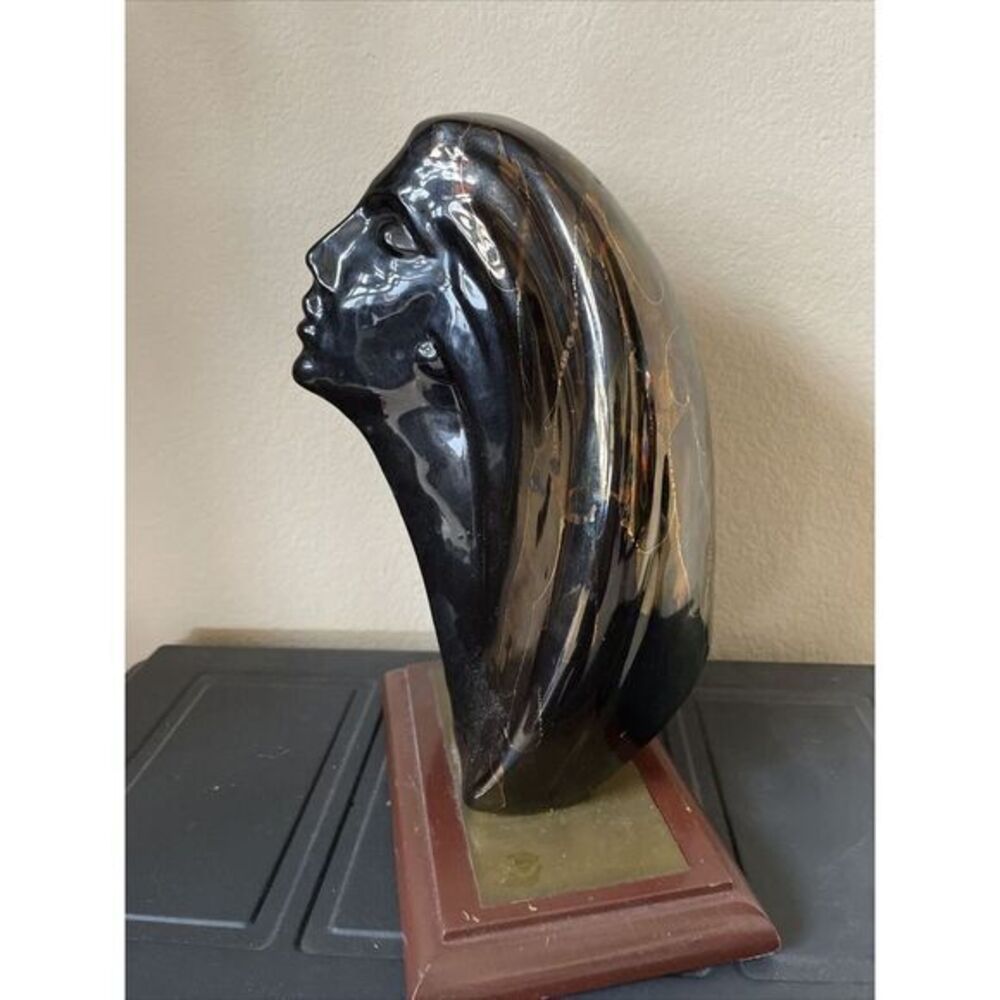 Vintage Star Gazer Bust Art Deco Modern Ceramic Sculpture Black Gold Lines